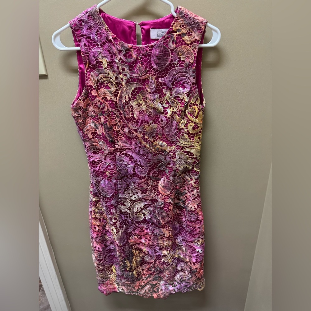 Badgley Mischka Vibrant Pink and Gold Lace Mini Dress